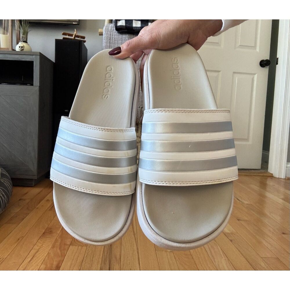 Adidas White Silver Three Stripe Platform Slide Sandals Size 7